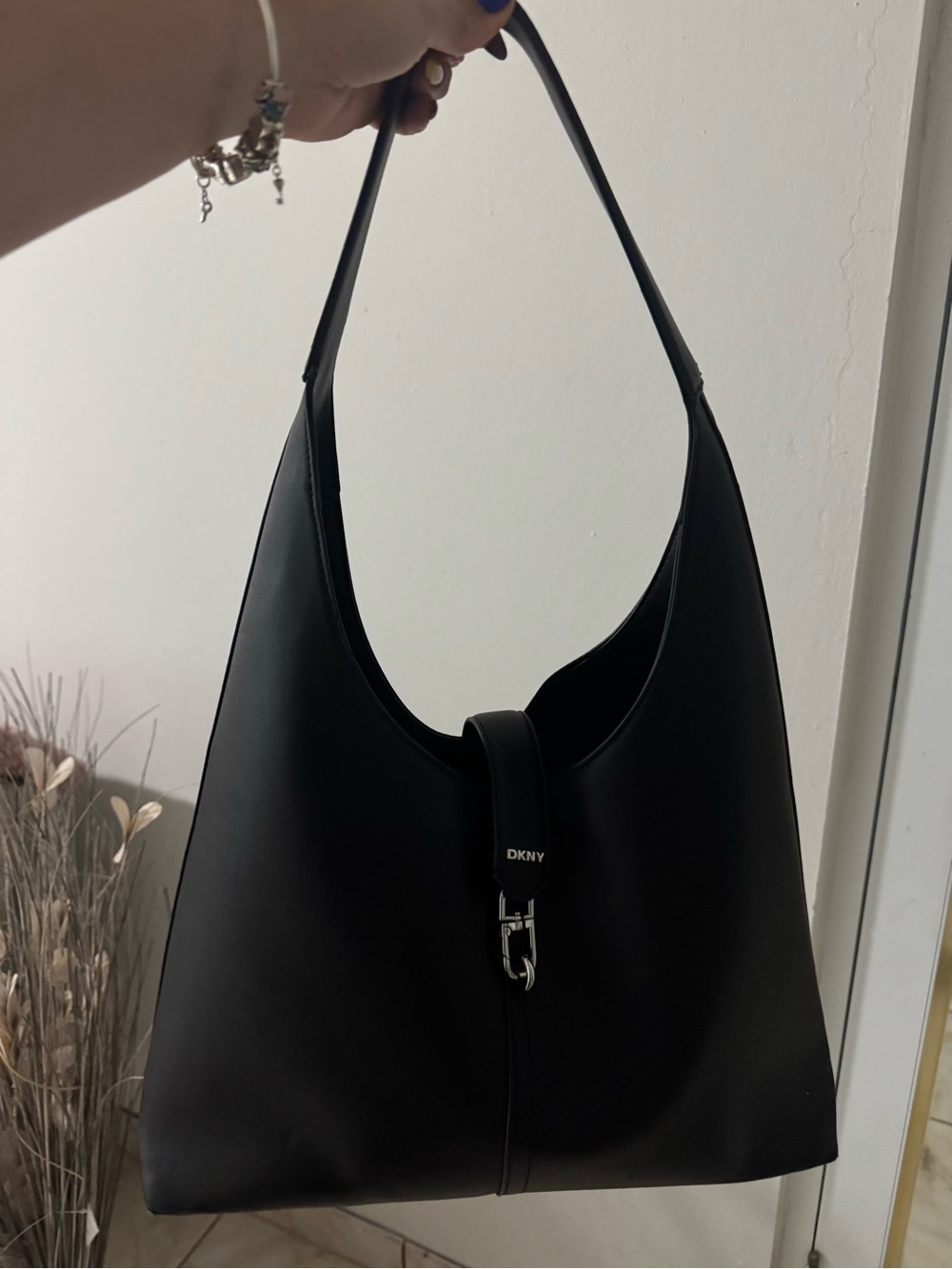 DKNY Black Leather Shoulder Hobo with Silver Hardware